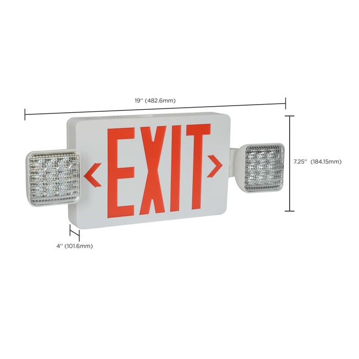 Exit Sign Nuvo 67-122 Combination Red Exit Sign/Emergency Light, 90min Ni-Cad backup, 120/277V, Dual Head, Single/Dual Face, Universal Mounting, Remote Compatible - White Finish Nuvo