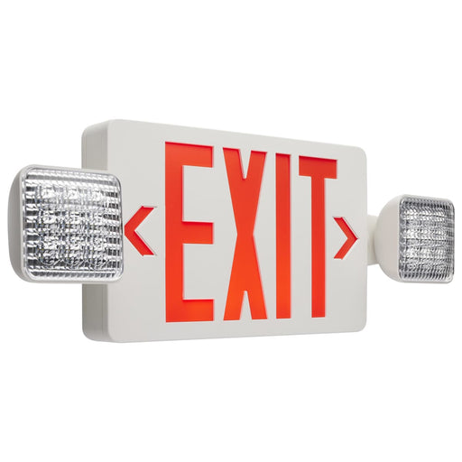Exit Sign Nuvo 67-122 Combination Red Exit Sign/Emergency Light, 90min Ni-Cad backup, 120/277V, Dual Head, Single/Dual Face, Universal Mounting, Remote Compatible - White Finish Nuvo