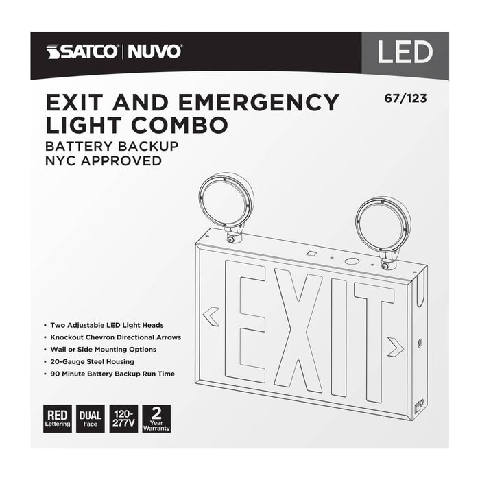 Exit Sign Nuvo 67-123 Combination Red Exit Sign/Emergency Light, 90min Ni-Cad backup, 120-277V, Dual Head, Single/Dual Face, Universal Mounting, Steel/NYC - White Finish Nuvo