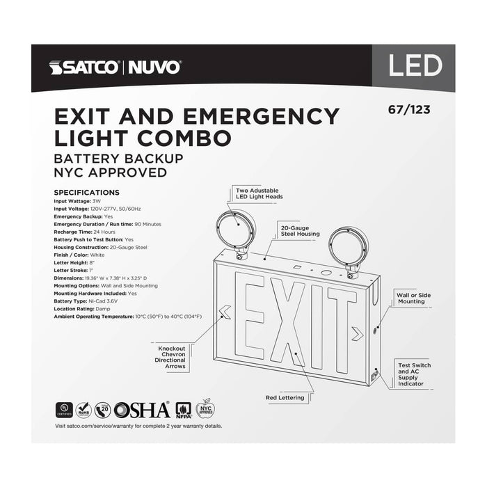 Exit Sign Nuvo 67-123 Combination Red Exit Sign/Emergency Light, 90min Ni-Cad backup, 120-277V, Dual Head, Single/Dual Face, Universal Mounting, Steel/NYC - White Finish Nuvo