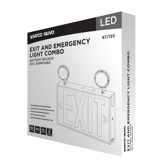 Exit Sign Nuvo 67-123 Combination Red Exit Sign/Emergency Light, 90min Ni-Cad backup, 120-277V, Dual Head, Single/Dual Face, Universal Mounting, Steel/NYC - White Finish Nuvo