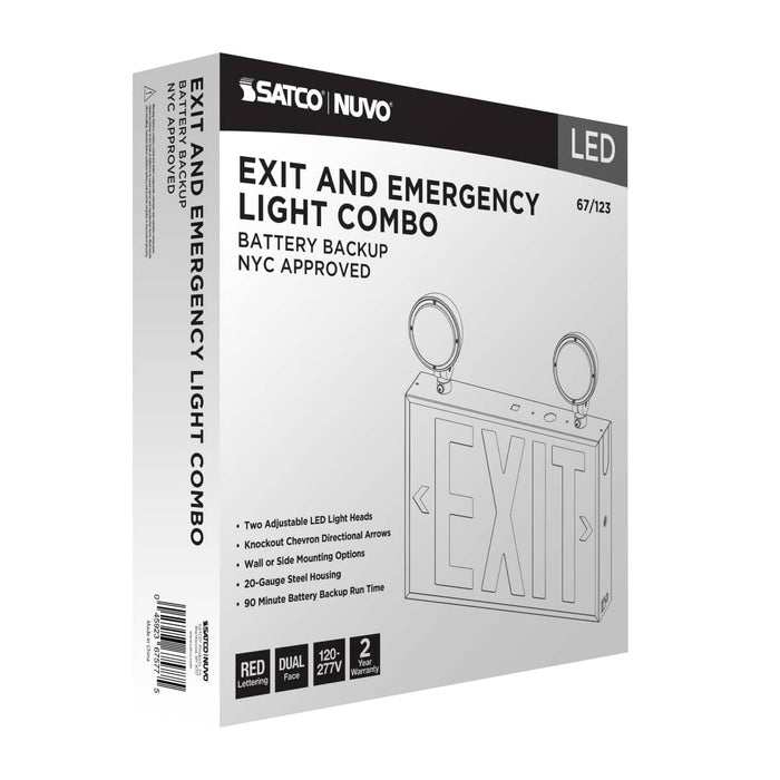 Exit Sign Nuvo 67-123 Combination Red Exit Sign/Emergency Light, 90min Ni-Cad backup, 120-277V, Dual Head, Single/Dual Face, Universal Mounting, Steel/NYC - White Finish Nuvo