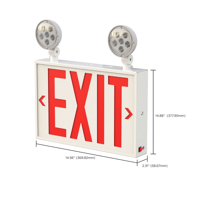 Exit Sign Nuvo 67-123 Combination Red Exit Sign/Emergency Light, 90min Ni-Cad backup, 120-277V, Dual Head, Single/Dual Face, Universal Mounting, Steel/NYC - White Finish Nuvo