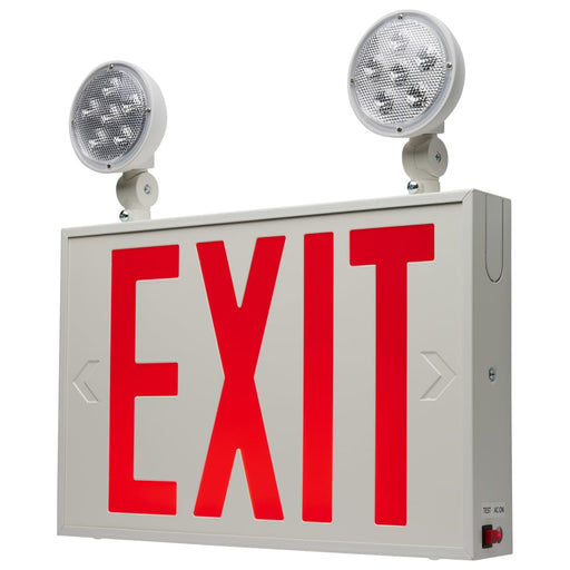 Exit Sign Nuvo 67-123 Combination Red Exit Sign/Emergency Light, 90min Ni-Cad backup, 120-277V, Dual Head, Single/Dual Face, Universal Mounting, Steel/NYC - White Finish Nuvo