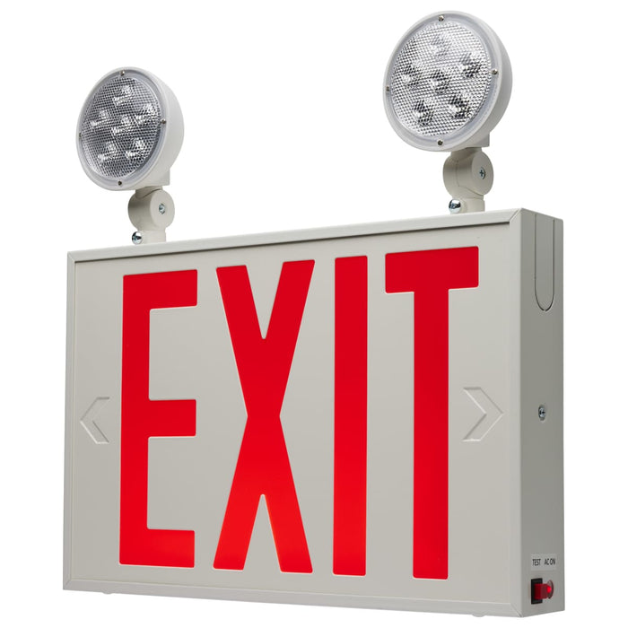 Exit Sign Nuvo 67-123 Combination Red Exit Sign/Emergency Light, 90min Ni-Cad backup, 120-277V, Dual Head, Single/Dual Face, Universal Mounting, Steel/NYC - White Finish Nuvo