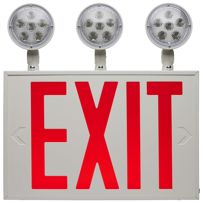 Exit Sign Nuvo 67-124 Combination Red Exit Sign/Emergency Light, 90min Ni-Cad backup, 120/277V, Tri Head, Single/Dual Face, Universal Mounting, Steel/NYC - White Finish Nuvo