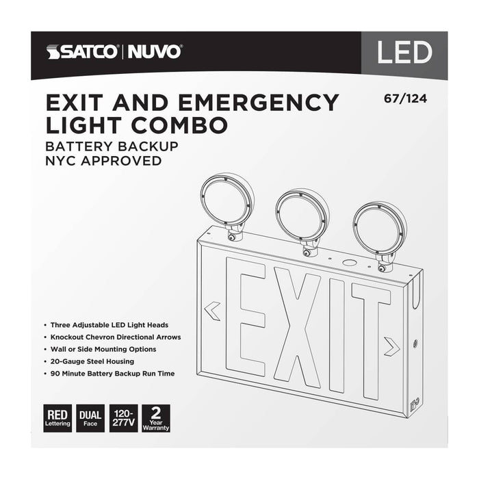 Exit Sign Nuvo 67-124 Combination Red Exit Sign/Emergency Light, 90min Ni-Cad backup, 120/277V, Tri Head, Single/Dual Face, Universal Mounting, Steel/NYC - White Finish Nuvo