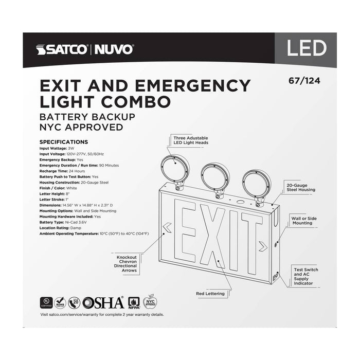 Exit Sign Nuvo 67-124 Combination Red Exit Sign/Emergency Light, 90min Ni-Cad backup, 120/277V, Tri Head, Single/Dual Face, Universal Mounting, Steel/NYC - White Finish Nuvo