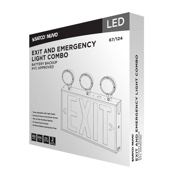 Exit Sign Nuvo 67-124 Combination Red Exit Sign/Emergency Light, 90min Ni-Cad backup, 120/277V, Tri Head, Single/Dual Face, Universal Mounting, Steel/NYC - White Finish Nuvo