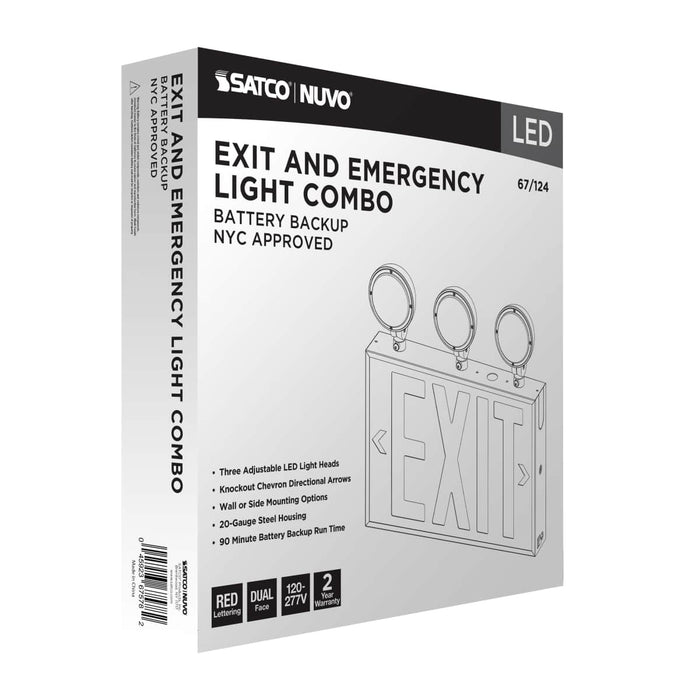 Exit Sign Nuvo 67-124 Combination Red Exit Sign/Emergency Light, 90min Ni-Cad backup, 120/277V, Tri Head, Single/Dual Face, Universal Mounting, Steel/NYC - White Finish Nuvo