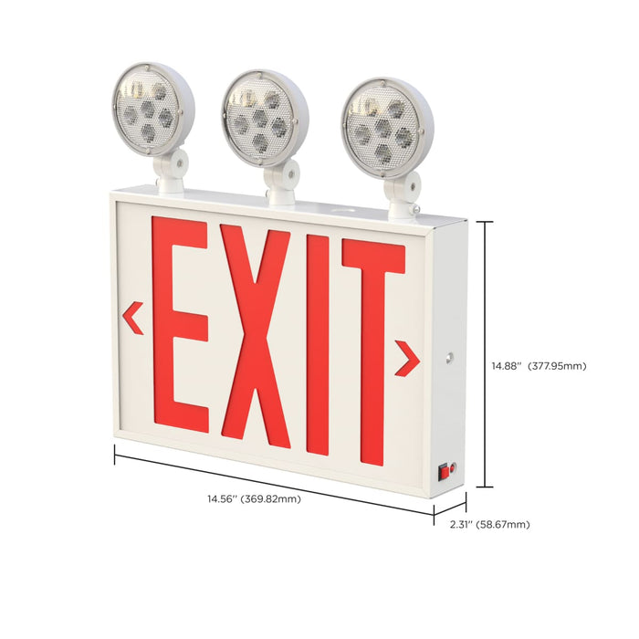 Exit Sign Nuvo 67-124 Combination Red Exit Sign/Emergency Light, 90min Ni-Cad backup, 120/277V, Tri Head, Single/Dual Face, Universal Mounting, Steel/NYC - White Finish Nuvo