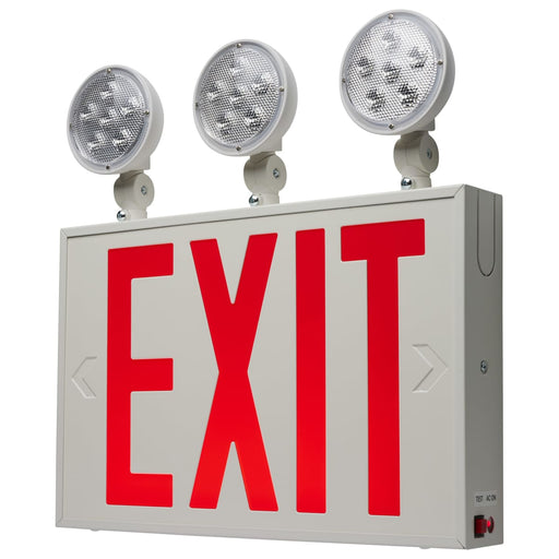 Exit Sign Nuvo 67-124 Combination Red Exit Sign/Emergency Light, 90min Ni-Cad backup, 120/277V, Tri Head, Single/Dual Face, Universal Mounting, Steel/NYC - White Finish Nuvo