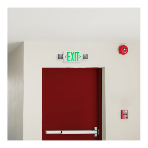 Exit Sign Nuvo 67-125 Combination Green Exit Sign/Emergency Light - Singe/Dual Face - 120/277 Volts - Remote Compatible - White Finish Nuvo