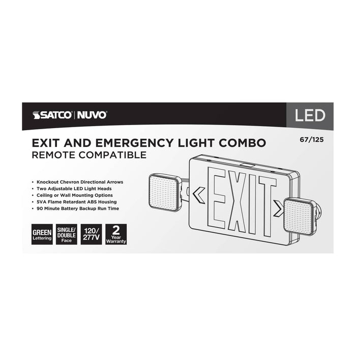 Exit Sign Nuvo 67-125 Combination Green Exit Sign/Emergency Light - Singe/Dual Face - 120/277 Volts - Remote Compatible - White Finish Nuvo