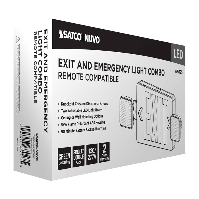 Exit Sign Nuvo 67-125 Combination Green Exit Sign/Emergency Light - Singe/Dual Face - 120/277 Volts - Remote Compatible - White Finish Nuvo