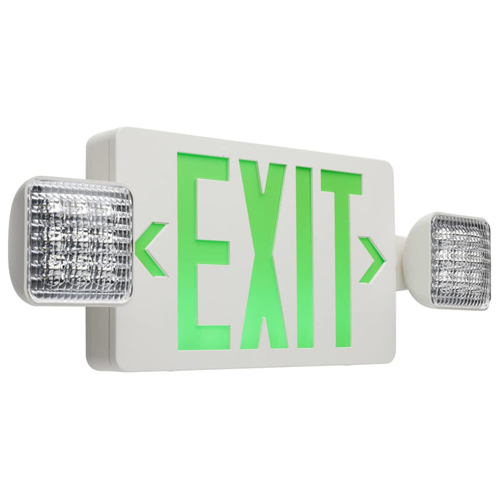 Exit Sign Nuvo 67-125 Combination Green Exit Sign/Emergency Light - Singe/Dual Face - 120/277 Volts - Remote Compatible - White Finish Nuvo