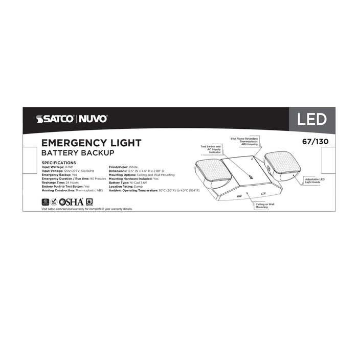 Emergency Light Nuvo 67-130 Emergency Light, 90min Ni-Cad backup, 120/277V, Dual Head, Universal Mounting - White Finish Nuvo