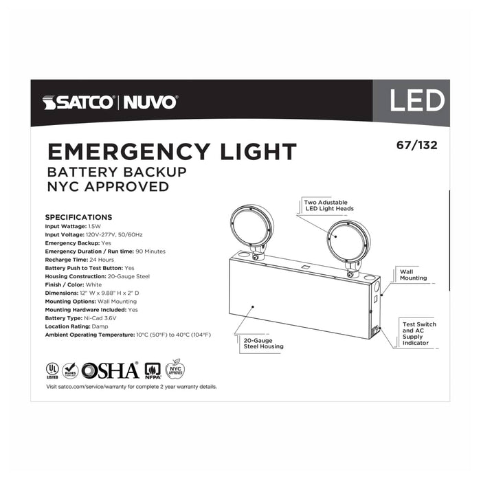 Emergency Light Nuvo 67-132 Emergency Light, 90min Ni-Cad backup, 120-277V, Dual Head, Universal Mounting, Steel/NYC - White Finish Nuvo