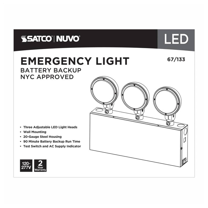 Emergency Light Nuvo 67-133 Emergency Light, 90min Ni-Cad backup, 120/277V, Tri Head, Universal Mounting, Steel/NYC - White Finish Nuvo