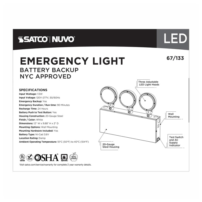 Emergency Light Nuvo 67-133 Emergency Light, 90min Ni-Cad backup, 120/277V, Tri Head, Universal Mounting, Steel/NYC - White Finish Nuvo