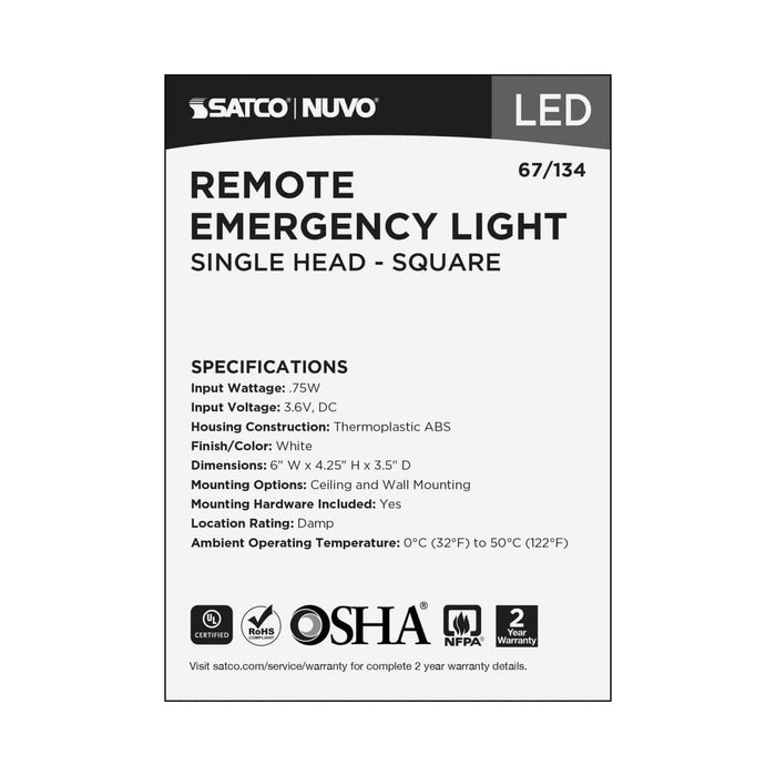 Emergency Light Nuvo 67-134 Remote Emergency Light, Low-Voltage Backup, Single Head - White Finish Nuvo