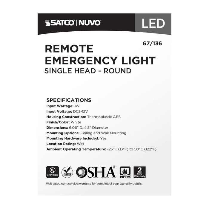 Emergency Light Nuvo 67-136 Remote Emergency Light, Low-Voltage Backup, Single Head, White Finish, Wet Location Rated Nuvo
