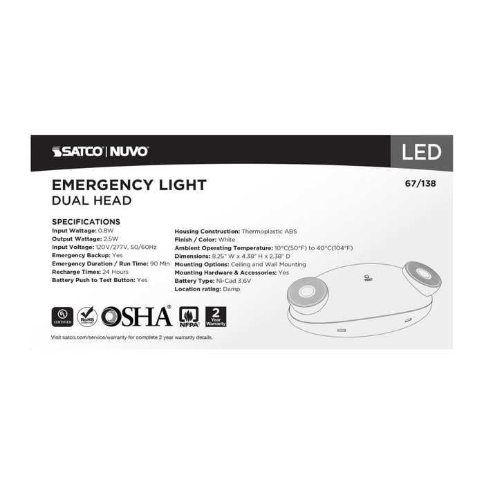 Emergency Light Nuvo 67-138 Emergency Light - Dual Head - 120/277 Volts - White Finish Nuvo