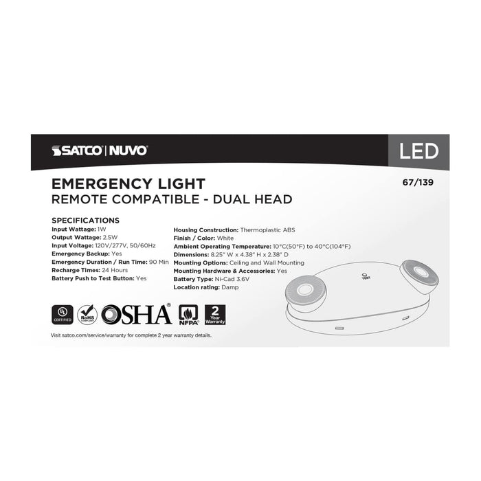 Emergency Light Nuvo 67-139 Emergency Light - Dual Head - 120/277 Volts - White Finish - Remote Compatible Nuvo