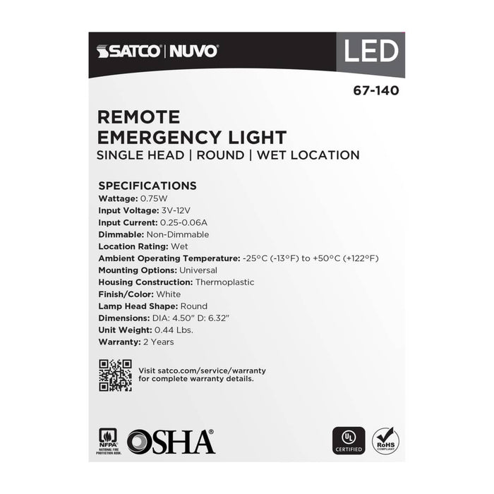 Emergency Light Satco 67-140 Remote Emergency Light - Weatherproof Low Power Single Head - 3-12V 0.75W - White Finish Satco
