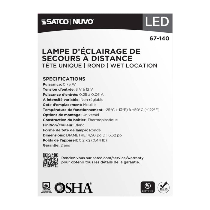 Emergency Light Satco 67-140 Remote Emergency Light - Weatherproof Low Power Single Head - 3-12V 0.75W - White Finish Satco
