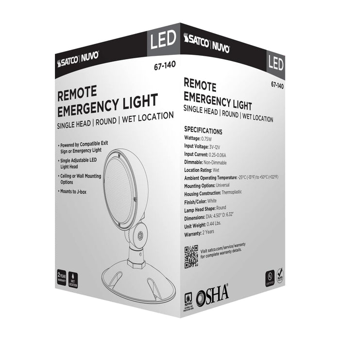 Emergency Light Satco 67-140 Remote Emergency Light - Weatherproof Low Power Single Head - 3-12V 0.75W - White Finish Satco