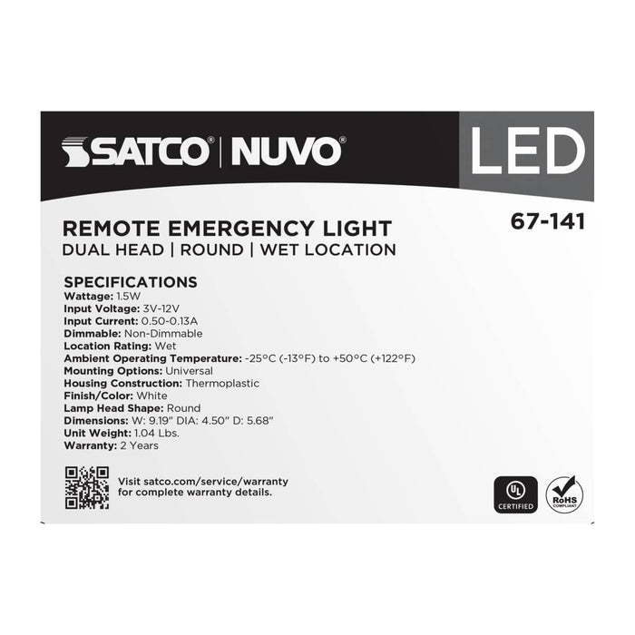 Emergency Light Satco 67-141 Remote Emergency Light - Weatherproof Low Power Dual Head - 3-12V 1.5W - White Finish Satco