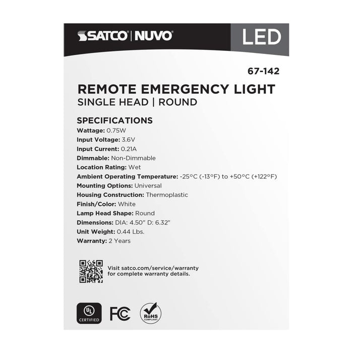 Emergency Light Satco 67-142 Remote Emergency Light - 0.75 Watt - Weatherproof Low Power Single Head - White Finish - 3.6 Volt Satco