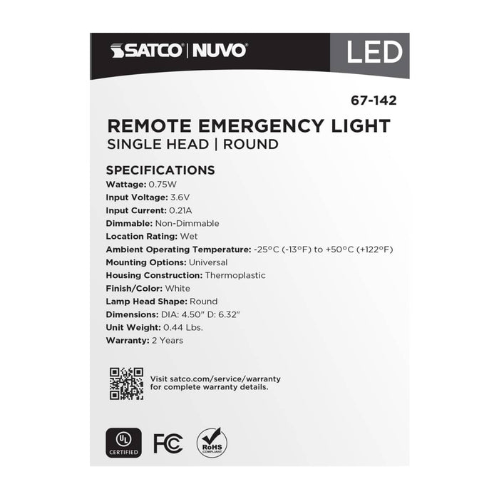 Emergency Light Satco 67-142 Remote Emergency Light - 0.75 Watt - Weatherproof Low Power Single Head - White Finish - 3.6 Volt Satco