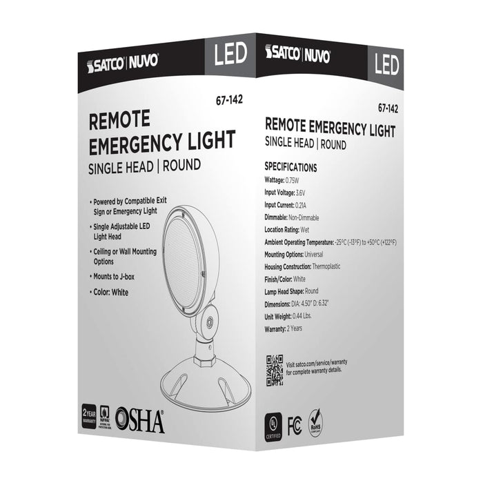Emergency Light Satco 67-142 Remote Emergency Light - 0.75 Watt - Weatherproof Low Power Single Head - White Finish - 3.6 Volt Satco