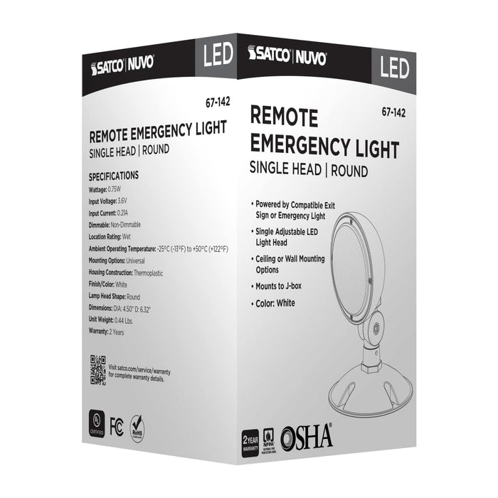 Emergency Light Satco 67-142 Remote Emergency Light - 0.75 Watt - Weatherproof Low Power Single Head - White Finish - 3.6 Volt Satco