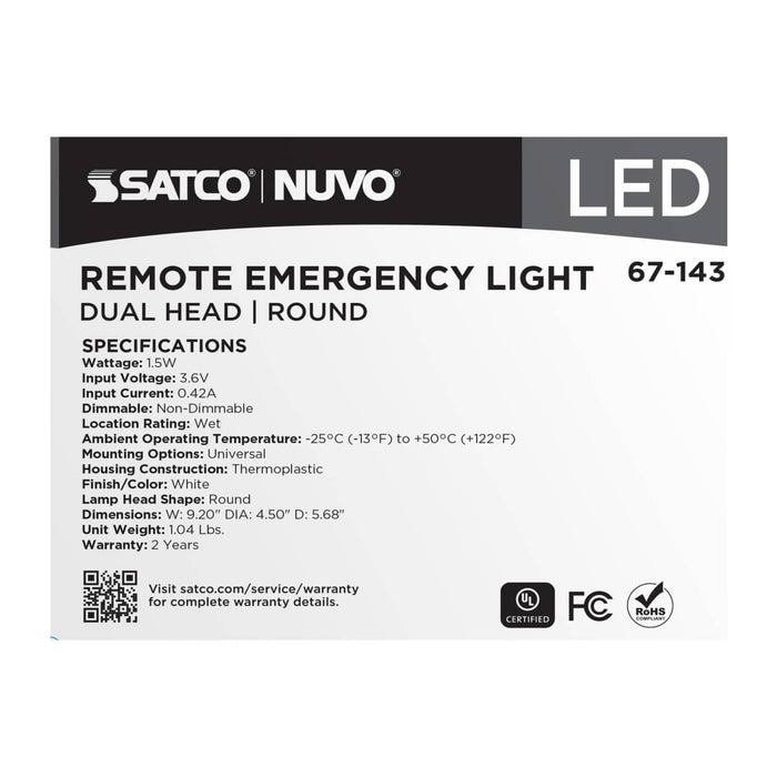 Emergency Light Satco 67-143 Remote Emergency Light - 1.5 Watt - Weatherproof Low Power Dual Head - White Finish - 3.6 Volt Satco