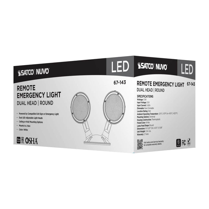Emergency Light Satco 67-143 Remote Emergency Light - 1.5 Watt - Weatherproof Low Power Dual Head - White Finish - 3.6 Volt Satco