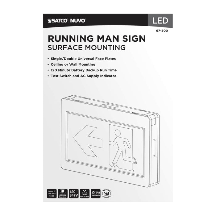 Exit Sign Satco 67-500 Running Man Green Exit Sign - 120-347V - 2HR backup - Single/Dual Face - Universal Mounting - Thermoplastic - White Finish Satco