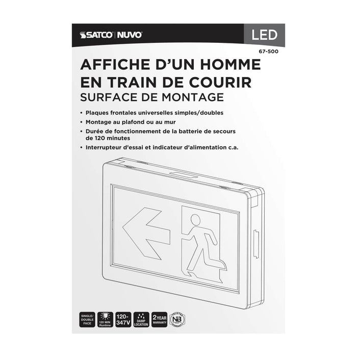 Exit Sign Satco 67-500 Running Man Green Exit Sign - 120-347V - 2HR backup - Single/Dual Face - Universal Mounting - Thermoplastic - White Finish Satco