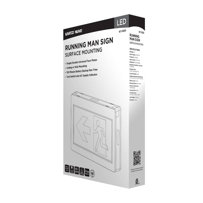 Exit Sign Satco 67-500 Running Man Green Exit Sign - 120-347V - 2HR backup - Single/Dual Face - Universal Mounting - Thermoplastic - White Finish Satco