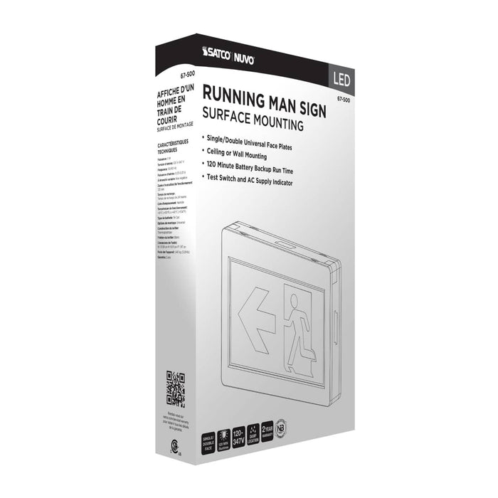 Exit Sign Satco 67-500 Running Man Green Exit Sign - 120-347V - 2HR backup - Single/Dual Face - Universal Mounting - Thermoplastic - White Finish Satco