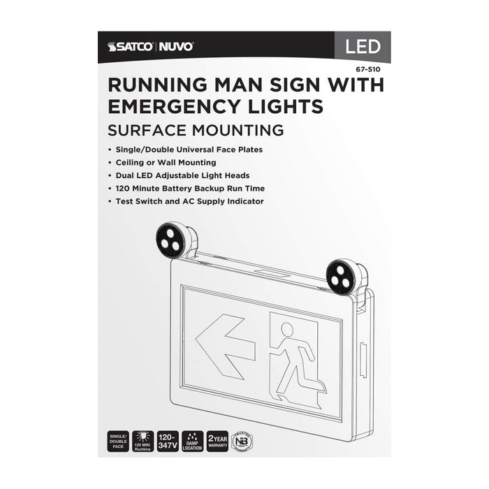 Exit Sign Satco 67-510 Running Man Green Combo Exit Sign/Emergency Light - 120-347V - 2HR backup - Single/Dual Face - Universal Mounting - Thermoplastic - White Finish Satco