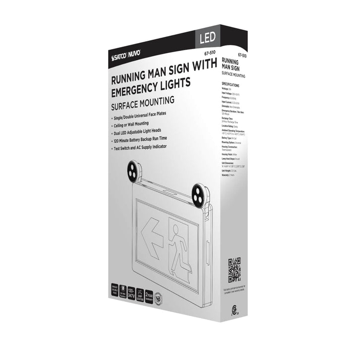 Exit Sign Satco 67-510 Running Man Green Combo Exit Sign/Emergency Light - 120-347V - 2HR backup - Single/Dual Face - Universal Mounting - Thermoplastic - White Finish Satco