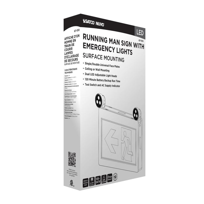 Exit Sign Satco 67-510 Running Man Green Combo Exit Sign/Emergency Light - 120-347V - 2HR backup - Single/Dual Face - Universal Mounting - Thermoplastic - White Finish Satco