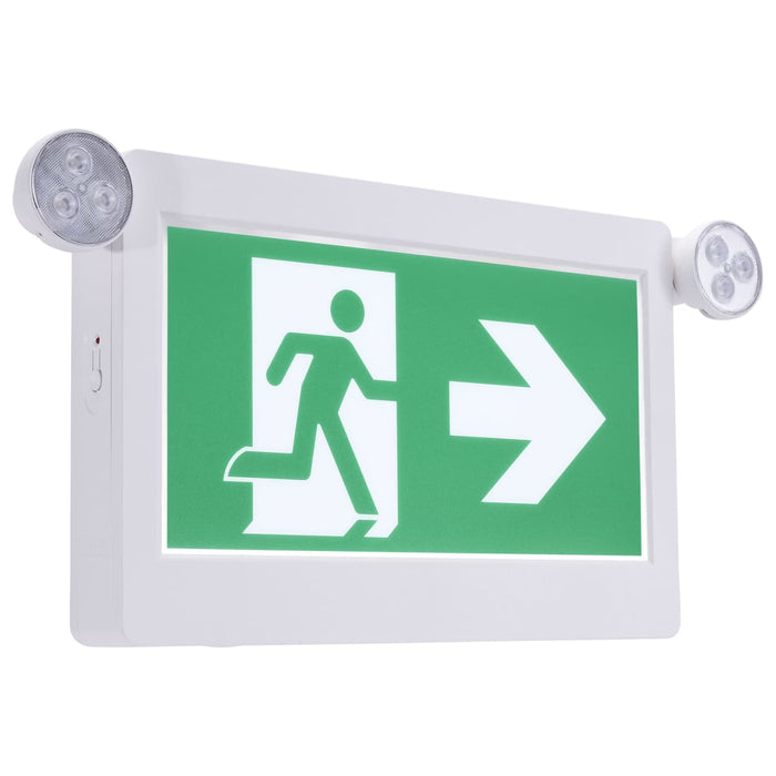 Exit Sign Satco 67-510 Running Man Green Combo Exit Sign/Emergency Light - 120-347V - 2HR backup - Single/Dual Face - Universal Mounting - Thermoplastic - White Finish Satco