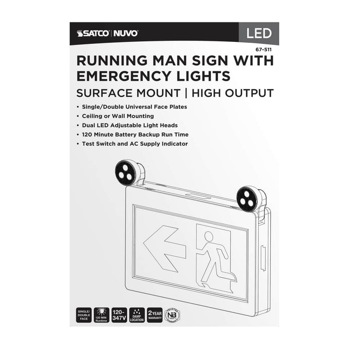 Exit Sign Satco 67-511 Running Man Green Combo Exit Sign/Emergency Light - 120-347V - 2HR backup - Single/Dual Face - Universal Mounting - Thermoplastic - High Output lamps - White Finish Satco