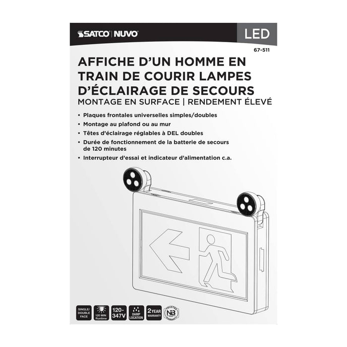 Exit Sign Satco 67-511 Running Man Green Combo Exit Sign/Emergency Light - 120-347V - 2HR backup - Single/Dual Face - Universal Mounting - Thermoplastic - High Output lamps - White Finish Satco
