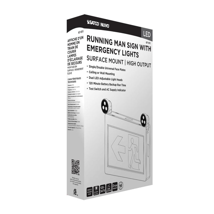 Exit Sign Satco 67-511 Running Man Green Combo Exit Sign/Emergency Light - 120-347V - 2HR backup - Single/Dual Face - Universal Mounting - Thermoplastic - High Output lamps - White Finish Satco