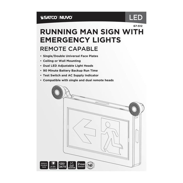 Exit Sign Satco 67-512 Running Man Green Combo Exit Sign/Emergency Light - 120/347V - 90min backup - Single/Dual Face - Universal Mounting - Thermoplastic - Remote-Capable - White Finish Satco